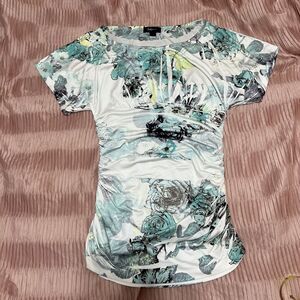 IZ Byer Top Womens Small White Blue Green Floral Ruched Sides Stretch Y2k